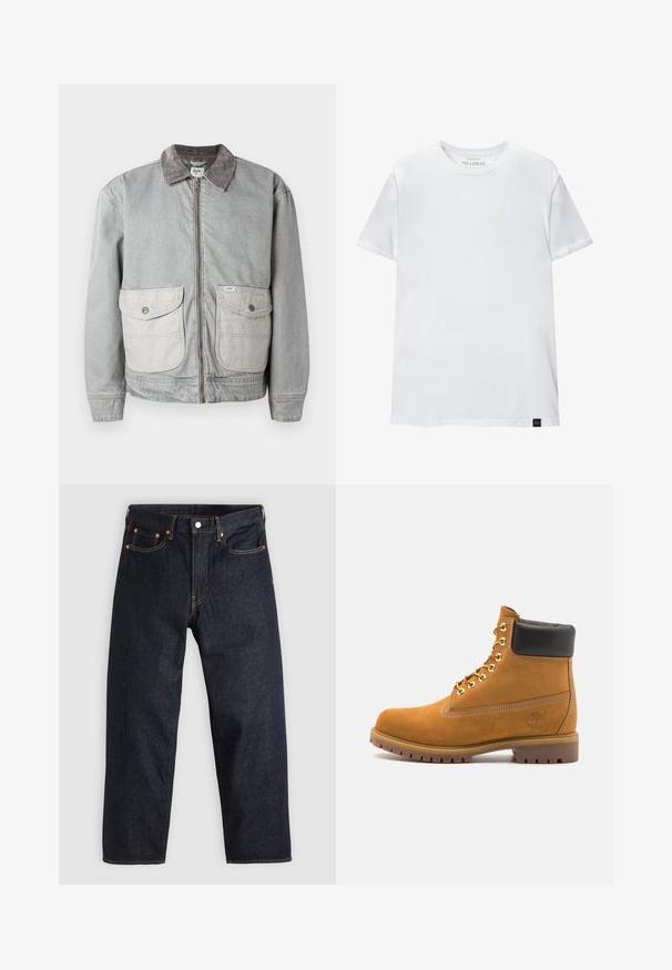 Giacca di jeans grigia con colletto in velluto, due grandi tasche frontali e chiusura con zip. Presenta un tessuto delle tasche di un colore più chiaro in contrasto.; T-shirt bianco attillato in cotone. Collo rotondo, maniche corte, texture liscia. Piccola etichetta nera al fondo. Design semplice.; Jeans in denim blu scuro con taglio dritto, cinque tasche, cuciture arancioni a contrasto e chiusura con bottone. Nessun motivo o decorazione visibile.; Stivale alla caviglia in suede tan con collare imbottito nero, occhielli in metallo dorato, dettagli in cucitura bianca e suola in gomma robusta con battistrada pronunciato.