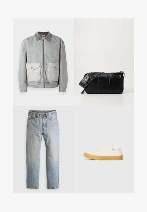 Veste en denim gris avec un col en velours côtelé, deux grandes poches avant et une fermeture éclair. Présente un tissu de poche contrastant plus clair.; T-shirt gris clair à manches courtes, col rond, présenté sur un fond blanc, vue de face sans logos ni motifs visibles.; Jean en denim bleu clair à taille haute, avec bouton avant, fermeture éclair et design à cinq poches, posé à plat sur un fond neutre.; Des baskets en toile couleur écru avec un bout rond, dotées de semelles en caoutchouc beige et de cinq œillets pour les lacets, avec une finition texturée sur la tige.; Sac à épaule en cuir noir avec une fermeture éclair, doté d'un corps texturé, de coutures blanches et d'une sangle avec des œillets en argent.