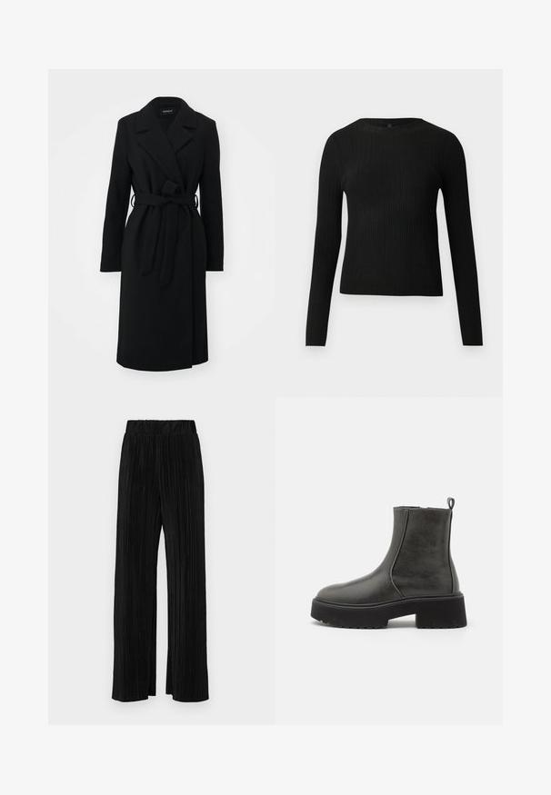 Schwarzer Wickelmantel mit Reverskragen, langen Ärmeln, Gürtel in der Taille und geradem Schnitt, aus einem weichen, strukturierten Stoff gefertigt.; Schwarzer, gerippter, langärmliger, taillierter Pullover mit Rundhalskragen, vor einem schlichten, hellen Hintergrund präsentiert.; Schwarze plissierte Hose mit elastischem Bund. Verfügt über weite Hosenbeine und einen glatten, strukturierten Stoff mit vertikalen Streifen.; Schwarze Knöchelstiefel mit einem glatten synthetischen Obermaterial, elastischen Seitenpaneelen, einer Zuglasche und einer klobigen Gummisohle.