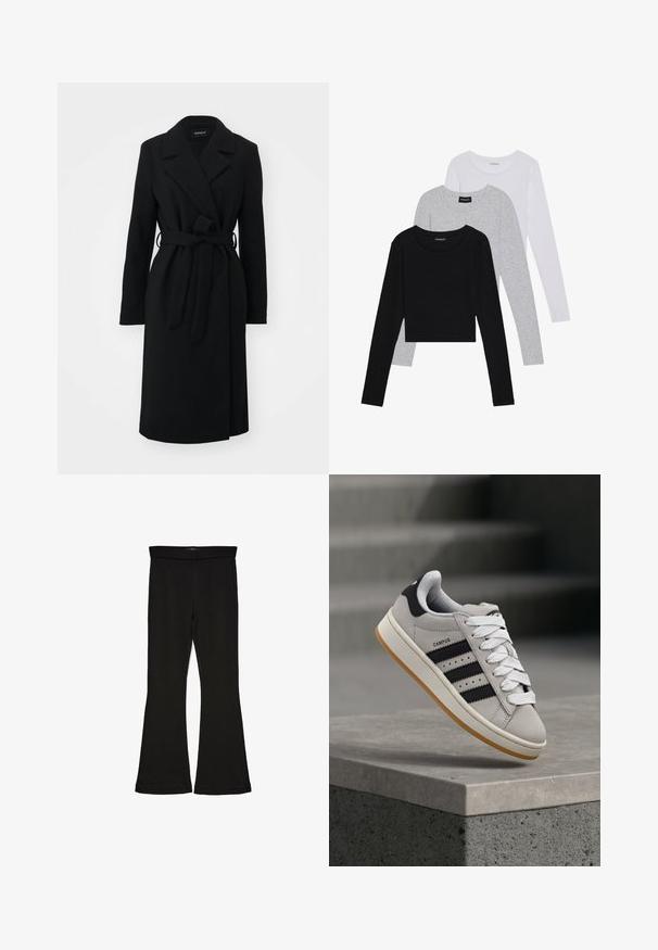 Schwarzer Wickelmantel mit Reverskragen, langen Ärmeln, Gürtel in der Taille und geradem Schnitt, aus einem weichen, strukturierten Stoff gefertigt.; Drei langärmelige Oberteile gestapelt: schwarz, grau und weiß. Jedes hat einen runden Halsausschnitt und ein kurzes Design aus glattem, leichtem Stoff.; Schwarze Schlagleggings aus dehnbarem Stoff. Sie verfügen über einen breiten Bund und eine glatte Textur, mit einer enganliegenden Silhouette, die am Saum ausgestellt ist.; Grauer Adidas Campus Sneaker mit schwarzen Streifen und weißen Schnürsenkeln, der über einer Betonmauer schwebt, mit Treppen im Hintergrund.
