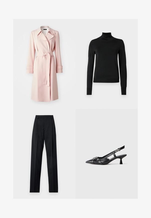 Lyserød trenchcoat lavet af glat stof, med spidse kraver, bæltet talje og lange ærmer med manchetter.; Sort langærmet turtleneck sweater med ribbede manchetter og kant, vist på en simpel hvid baggrund.; Sorte bukser lavet af glat stof, der har høj talje, brede ben, frontfolder og klassiske bælteløkker. Ingen synlige sidelommer.; Sort lædersandal med spids tå, dekorative stropper med metaløjer og en lav blokhæl. Struktureret overflade.