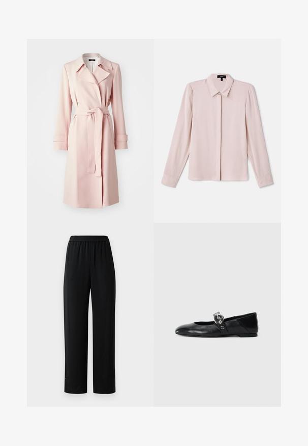 Svetlo roza plašč z gladkim materialom, ki ima izrezan ovratnik, pas z obročem in dolge rokave z dodatki na manšetah.; Svetlo roza bluzica z dolgimi rokavi, s kragnim ovratnikom, sprednjim zapiranjem na gumbe in mehko teksturo. Ima subtilne nabore in manšete.; Črne široke hlače iz gladkega materiala z elastiko v pasu. Imajo ravno kroj in minimalne detajle. Primerne so za sproščeno nošenje.; Črne usnjene baletne balerinke s koničastim nosom, ki imajo trak z okroglo kovinsko zaponko in ravno podplat.
