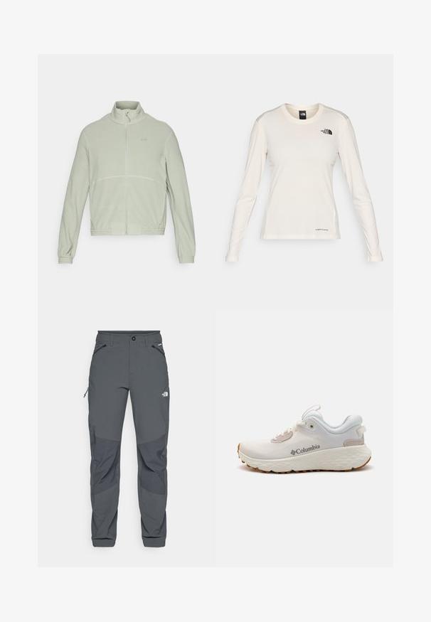Fleecejack in lichtgroen met een opstaande kraag, volledige rits aan de voorkant, elastische manchetten en subtiele stiksels over de borst.; The North Face SHADOW LONG SLEEVE - Longsleeve - white dune; Donkergrijze buitenbroek met versterkte kniezakken, met rits gesloten zij- en voorkruiken, knoopsluiting en het logo van The North Face op de dij.; Lichtgewicht Columbia sportieve schoen in witte mesh met een gestructureerde grijze zool en rubberen grip. Voorzien van een gewatteerde kraag en vetersluiting.