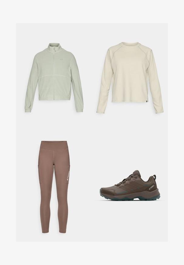 Flis jakna v svetlo zeleni barvi z dvignjenim ovratnikom, celotnim zadrgo, elastičnimi manšettami in diskretnimi šivi na prsih.; Svetlo bež majica z dolgimi rokavi z teksturirano, rebrasto zasnovo. Ima raglan rokave in okroglo ovratnico. Diskreten logotip blagovne znamke na robu.; Rjave športne legice z visokim pasom, ki imajo stranske žepe in belo logo. Gladek, elastičen material za udobje in gibljivost.; Sive in temno zeleni pohodni čevlji z mrežastimi paneli, teksturiranim zgornjim delom in trpežnim gumijastim podplatom. Imajo podloženi jezik in vezalni sistem.