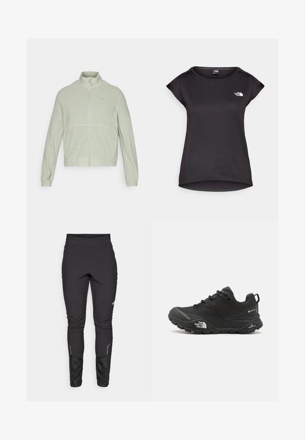 Helesinine fliistekk hingeõhuga, kõrgema kraega, täispikkuse tõmblukuga, elastsete mansettidega ja peente õmblusdetailidega rinna piirkonnas.; The North Face TANKEN TANK - Spordi T-särk - black; Mustad mustad outdoor püksid, millel on sobiv disain, vastupidav kangas, peegeldavad aktsendid ja paneelõmblused, et suurendada liikuvust ja mugavust.; Mustad matkajalanõud musta värvi, tekstuurse ülemise osa, paeltega kinnituse ja volüümika kummitald, millel on silmapaistev logo külgedel ja mustrimuster.