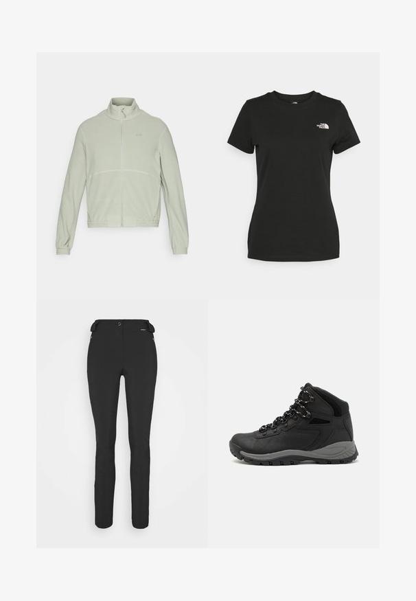 Fleece bunda v svetlozelenej farbe s vysokým golierom, plným zipsom vpredu, elastickými manžetami a jemnými stehovými detailmi na hrudi.; Čierne bavlnené tričko s okrúhlym výstrihom a krátkymi rukávmi. Výrazné biele logo na hornej ľavej strane. Hladká štruktúra, pohodlný strih.; Čierne, priliehavé nohavice vyrobené z flexibilného materiálu. Medzi vlastnosti patrí zipsová bočná vrecko, tvarované kolená a hladký povrch.; Čierna turistická obuv s polovičným strihom, s textúrovaným zvrškom, šedými akcentmi a odolnou gumovou podrážkou s protišmykovými hrebienkami.