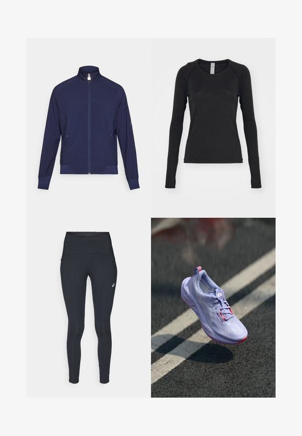 Tumes sinine tõmblukuga jakk kõrge kaelusega, tekstureeritud külgpaneelid ja kaks küljetaskut. Pehme, veniv kangas perforeeritud detailidega.; Pikkade varrukatega must särk, mis on valmistatud pehmest kangast. Omab ümmargust kaelust ja raglanvarrukaid, mille manšitšates on pöidlahakid. Минималистlik disain.; ASICS ROAD HIGH WAIST - Talvepüksid - performance black; Heled hele lilla jooksutoss, millel on tekstuuriga pealis, roosad aktsendid, ümar paelte mehhanism ning täpikate tallaga, tõstetud asfalt taustal.