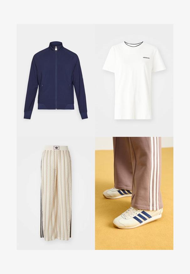 Marineblå zip-up jakke med høy krage, teksturerte sidepaneler og to sidelommer. Myk, elastisk stoff med perforerte detaljer.; Hvit bomull t-skjorte med korte ermer og rund hals. Har en svart Adidas-logo på brystet og en kontrasterende svart indre krage.; Kremfargede bukser med brede ben og zigzag-mønster, med en svart logo-linning og svarte striper på siden. Lett, teksturert stoff.; Kremfargede sneakers med blå semsket skinnstriper, hvite snørebånd og gummisåle. Kombinert med grå joggebukser med hvite sidestriper.