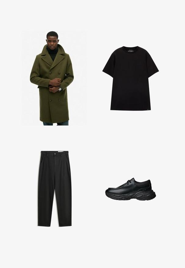 Cappotto in lana verde oliva con chiusura a doppiopetto, ampi revers e tasche frontali. Indossato sopra un dolcevita nero.; PULL&BEAR JOIN LIFE - T-shirt basic - black; Pantaloni in cotone neri con una vestibilità rilassata, dotati di una vita classica, pieghe frontali e tasche laterali. Tessuto liscio senza fantasie.; Scarpe slip-on in pelle nera con punta arrotondata e suola in gomma spessa e testurizzata. Presentano cuciture sottili e dettagli in elastico sul colletto.