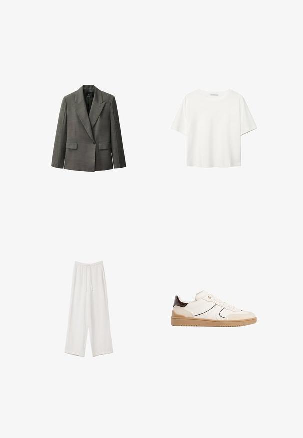 Prilagojen sivi blejzer z ostrim ovratnikom, dvema sprednjima žepoma in enim gumbom za zapiranje. Narejen iz teksturirane tkanine, nudi dobro oblikovan fit.; Bela kratka majica s kratkimi rokavi iz bombaža. Ima okroglo izrezovanje in sproščen kroj. Gladka tekstura brez vidnih vzorcev ali poudarkov.; Bele široke hlače iz lahkega materiala. Imajo elastičen pas s vrvico in stranske žepe. Gladka tekstura.; Stradivarius Športni copati - white