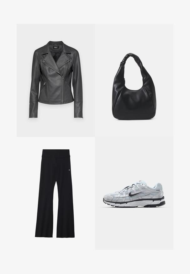Schwarze Leder-Motorradjacke mit Reverskragen, asymmetrischem Frontreißverschluss und drei Reißverschlusstaschen. Verfügt über genähte Details an den Ärmeln.; Braunes kurzärmliges, tailliertes T-Shirt aus weichem Stoff, mit einem runden Halsausschnitt und sauberer Nahtführung ohne Muster oder Akzente.; Schwarze, ausgestellte Yogahosen aus elastischem Material, mit einem breiten Bund und einem kleinen Logo nahe der Hüfte. Glatte Textur, keine Muster.; Nike P-6000 Sneakers mit einem Obermaterial aus leichtem grauem Mesh, schwarzen Akzenten und einer langlebigen schwarzen Gummisohle. Verfügt über ein komplexes Design und ein Schnürsystem.; Schwarze Hobo-Bag aus glatt wirkendem Lederimitat mit einem gedrehten Griff, der eine weiche, abgerundete Form und einen Reißverschluss am oberen Ende aufweist.