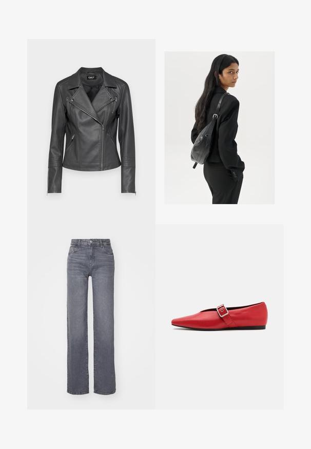 Zwarte leren motorjack met een gecentraliseerde kraag, een asymmetrische rits aan de voorkant en drie ritszakken. Heeft gestikte details op de mouwen.; Witte mouwloze tanktop van ribstof, met een ronde halslijn en een aansluitende pasvorm, met minimale naden en zonder versieringen.; Grijze wijde spijkerbroek van denim met een gladde textuur, voorzien van een knoop- en ritsluiting en vijf zakken.; Rode leren platte schoen met een spitse neus, voorzien van een zijkant band met een metalen gesp en een lage zwarte hak. Gladde textuur overal.; Vrouw met lang donker haar in een zwart pak, met een zwart leren schoudertas, die over haar schouder kijkt tegen een witte achtergrond.