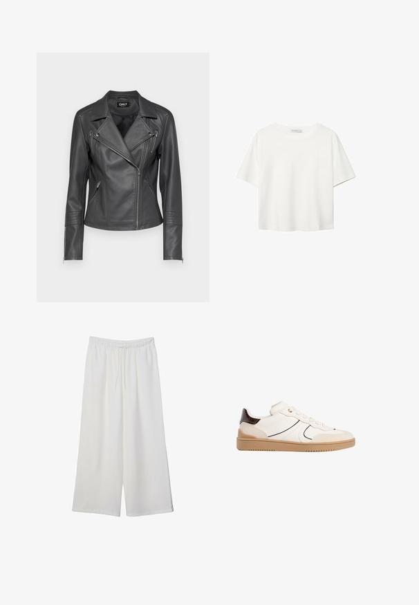 Črna usnjena motoristična jakna z zarezanim ovratnikom, asimetričnim sprednjim zadrgo in tremi žepih z zadrgo. Ima šivane detajle na rokavih.; Bela kratka majica s kratkimi rokavi iz bombaža. Ima okroglo izrezovanje in sproščen kroj. Gladka tekstura brez vidnih vzorcev ali poudarkov.; Bele široke hlače iz lahkega materiala, ki imajo elastičen pas in vrvico za prilagajanje. Gladka tekstura.; Stradivarius Športni copati - white