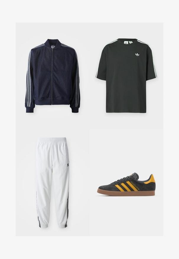 Jūras spēku zilo džinsa jaka ar rāvējslēdzēju priekšpusē, ribotiem aprocēm un trim baltām svītrām katrā rokā. Uz krūtīm ir neliela logo.; Melna kokvilnas T-krekls ar īsām piedurknēm, apaļu kakla izgriezumu un baltām trim svītrām uz pleciem. Uz krūtīm neliels balts logo.; Baltas sporta bikses ar melnām sānu svītrām, elastīga vidukļa josla un rokai; uz kreisā augšstilba atrodas Adidas logs. Gluda auduma tekstūra.; Melnas zamšādas kedas ar dzelteniem akcentiem, kurām ir trīs svītras un brūna gumijas zole. Iekļauta mīksta valkāšanas tongue komfortam.