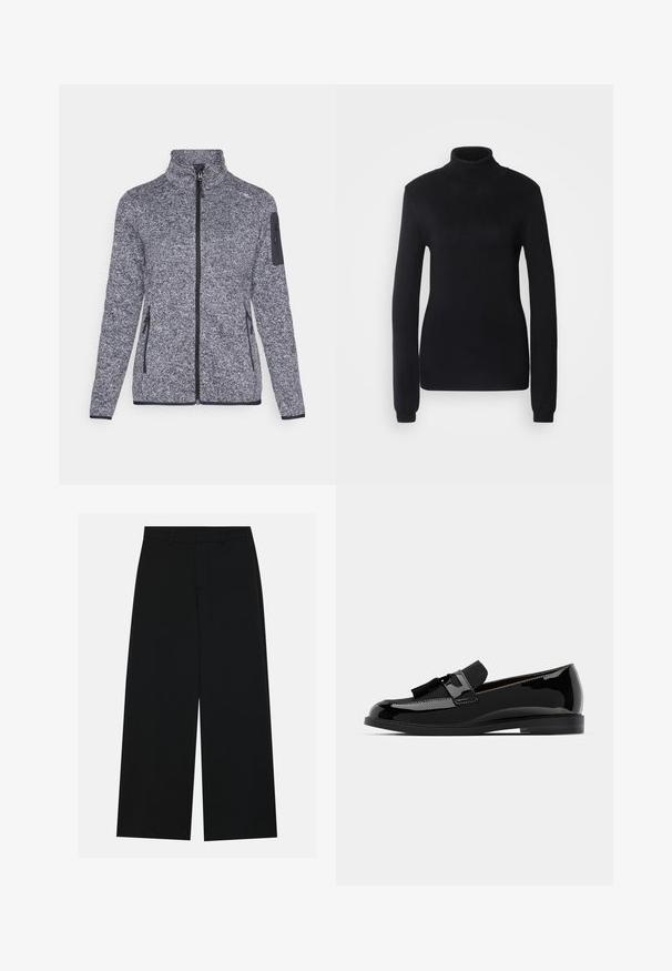 Flis jakna v temno sivi barvi z teksturiranim vzorcem, visokim ovratnikom, sprednjim zadrgo, stranskimi žepi in žepom na zgornjem delu roke z zadrgo.; Črn pulover z visoko ovratnikom, narejen iz mehkega pletenega materiala, ki ima dolge rokave in prilegajoč kroj z rebrastimi robovi na ovratniku in spodnjem robu.; Široke črne hlače, narejene iz gladkega materiala. Imajo ravno elastično pasu z zanko za pas in nimajo vidnih žepov. Preprost dizajn.; Črne lakirane loafers čevlje z ravnim peto, ki imajo dodatek v obliki resic in gladko površino, oblikovane z zaobljenim nosom in subtilnim šivanjem.