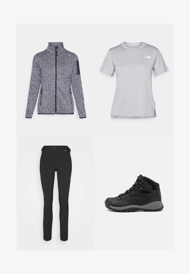 Fleece bunda tmavo šedej farby s textúrovaným vzorom, vysokým golierom, predným zipsom, bočnými vreckami a vreckom na ramene so zipsom.; Sivý tričko s krátkym rukávom vyrobené z jemného, vlhkosť odvádzajúceho materiálu. Obsahuje okrúhly výstrih a malé biele logo na hornej ľavej strane.; Čierne, priliehavé nohavice vyrobené z flexibilného materiálu. Medzi vlastnosti patrí zipsová bočná vrecko, tvarované kolená a hladký povrch.; Čierna turistická obuv s polovičným strihom, s textúrovaným zvrškom, šedými akcentmi a odolnou gumovou podrážkou s protišmykovými hrebienkami.