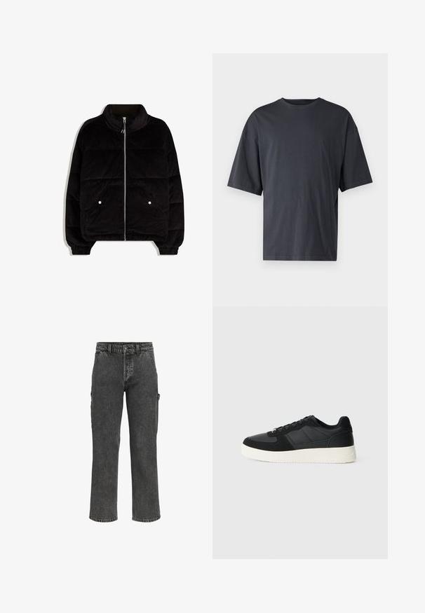 Fekete kordbársony puffertakaró kabát magas gallérral, elöl cipzárral, két patentgombos zsebbel és rugalmas mandzsettával fehér háttér előtt.; Sötét szürke, rövid ujjú póló, könnyű pamutból készült, laza szabással és klasszikus kerek nyakkivágással, sima textúrájú és minták nélküli.; Fekete farmer cargo nadrág egyenes lábkomforttal, oldalsó zsebekkel és gombos zárással. Texturált anyag, enyhe kopással.; Fekete alacsony szárú sportcipő textúrált bőr és velúr panelekből, fehér gumitalppal és fekete fűzőkkel, egyszínű világos háttér előtt.