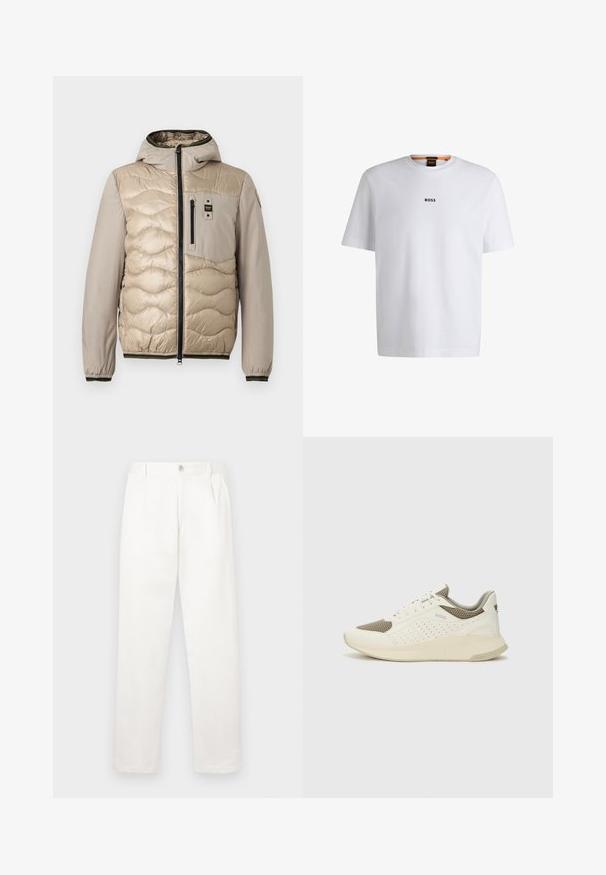 Casaco puffer bege com padrão acolchoado, capuz e fecho de correr à frente. Apresenta um bolso no peito e punhos canelados com acabamentos contrastantes.; T-shirt de algodão branca com mangas curtas, apresentando um logo preto "BOSS" centrado no peito e um design de gola redonda.; Calças brancas feitas de um tecido suave, com um design de perna reta, pregas frontais e um fecho de botão único na cintura.; Sapatilha atlética branca e bege claro, com parte superior em malha, detalhes perfurados e uma entressola texturizada com marcação no calcanhar.