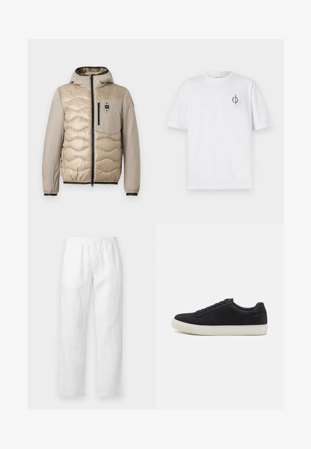 Beige színű puffertakaró kabát steppelt mintával, kapucnival és cipzáras elülső résszel. Tartalmaz egy mellzsebet és bordázott mandzsettákat kontrasztos díszítéssel.; Fehér pamut póló laza szabással, kis fekete grafikai logóval a bal mellen. Rövid ujjak, kerek nyakkivágás.; Fehér lenvászon nadrág, rugalmas derékpánttal, egyenes szárú szabással és lágy tapintású anyaggal, minták vagy látható díszítőelemek nélkül.; Fekete velúr sneaker, lekerekített orral, fehér gumitalppal, kontrasztos kék fűzőkkel és sima felülettel. Minimalista dizájn, látható logó nélkül.