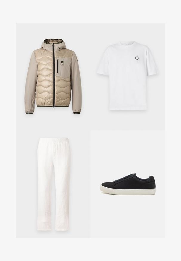 Krems krāsas pūkains mētelis ar izšūtu rakstu, ar kapuci un ar rāvējslēdzēju priekšā. Iezīmes: krūšu kabata un ribota aproce ar kontrastējošu apdari.; Bāla kokvilnas t-kreklu ar brīvu piegulšanu, kuram uz kreisā krūšu apvidus ir neliels melns grafiskais logotips. Īsas piedurknes, apaļas kakla izgriezums.; Baltas lina bikses ar elastīgu jostu, taisnas kājas dizains un mazliet teksturēta auduma. Nav rakstiem vai papildu detaļām.; Melnas zamšādas sporta apavi ar noapaļotu purngalu, baltu gumijas zoli, kontrastējošām zilo auklēm un gludu faktūru. Minimālistisks dizains bez redzamas logo.