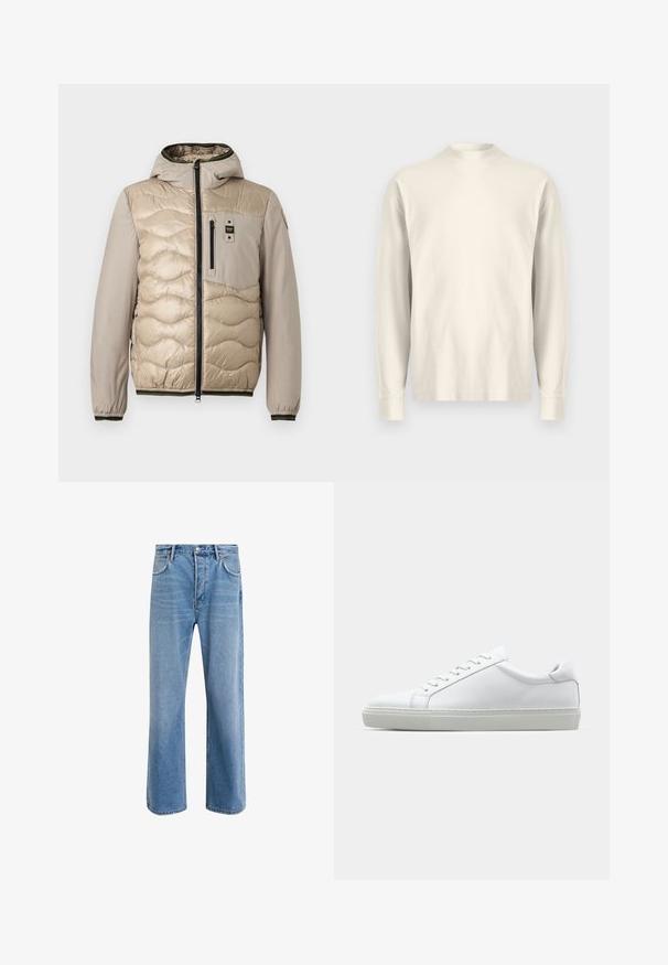 Beige prošívaná bunda s kapucí a zipem. Obsahuje náprsní kapsu a žebrované manžety s kontrastním lemem.; Halenka s dlouhým rukávem a stojáčkem z jemné krémové bavlny. Hladký povrch, volný střih, minimalistický design, bez viditelných vzorů nebo akcentů.; Světle modré džínové kalhoty s rovnými nohavicemi, pěti kapsami, zapínáním na knoflík, minimálním vyblednutím a kontrastním prošitím.; Bílé tenisky s hladkým koženým svrškem a nízkým profilem. Mají zaoblenou špičku, šest nýtů a texturovanou gumovou podrážku.
