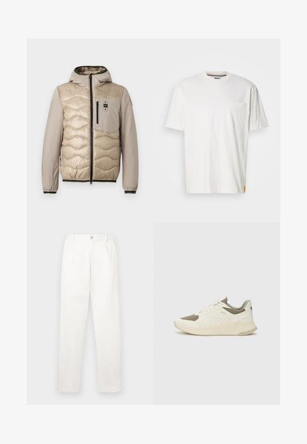 Beige színű puffertakaró kabát steppelt mintával, kapucnival és cipzáras elülső résszel. Tartalmaz egy mellzsebet és bordázott mandzsettákat kontrasztos díszítéssel.; Fehér pamut póló kerek nyakkal, rövid ujjakkal és bal oldali mellzsebbel. Oldalvarrásán található egy kis logós cimke.; Fehér nadrág sima anyagból, egyenes lábbal, elülső pliszékkal és egy gombos záródással a derékon.; Fehér és világos bézs sportcipő, légies hálós felsőrésszel, perforált részletekkel és texturált középtalppal, amelyen a saroknál a márka logója található.