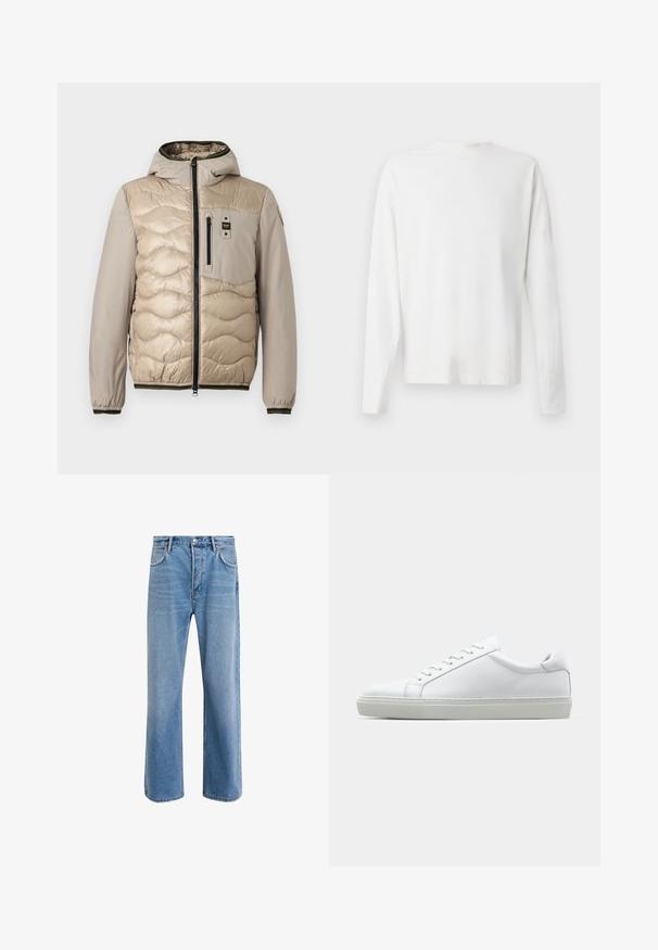 Beige gewatteerde jas met een doorgestikt patroon, capuchon en ritssluiting aan de voorkant. Voorzien van een borstzak en ribgebreide manchetten met contrasterende afwerking.; Witte katoenen blouse met lange mouwen en een ronde halslijn, met zijsplitten aan de onderkant en een gladde textuur, vanuit de achterkant weergegeven.; Lichtblauwe denim jeans met een straight-leg ontwerp, vijf zakken, knoopsluiting, minimale vervaging en contrasterende stikseldetails.; Witte sneaker met een gladlederen bovenwerk en een laag profiel. Voorzien van een ronde neus, zes vetergaatjes en een gestructureerde rubberen zool.