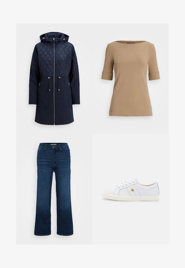 Marinblå vadderad jacka med kviltad övre del, huva, hel dragkedja, dragsko i midjan och två framfickor. Slät textur, modern design.; Beige, åtsittande t-shirt med vid, rund halsringning och ärmar som rullas upp till armbågen. Tillverkad av mjukt, stretchigt material med en diskret logotyp.; ONLY Petite ONLMADISON BLUSH WIDE - Wide leg - dark blue denim; Lauren Ralph Lauren JANSON II ACTION LEATHER SNEAKER - Sneakers - real white