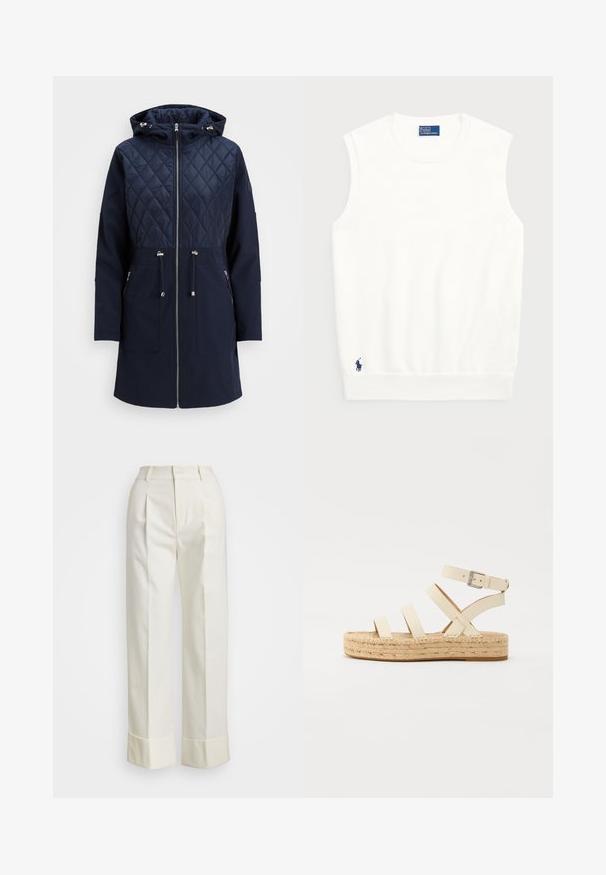 Palton bleumarin cu umplutură, secțiune superioară matlasată, glugă, fermoar complet, talie cu șnur și două buzunare frontale. Textură netedă, design modern.; Pulover alb fără mâneci, realizat din bumbac moale, cu un tiv crenelat și un mic logo bleumarin în colțul din stânga jos. Design simplu, fără modele.; Pantaloni albi personalizați, cu talie înaltă, pliseuri duble în față și picioare largi, cu manșete pliate. Confecționați dintr-un material neted și texturat.; Sandalie espadrile din piele bej deschis, cu patru bretele intersectate și o cataramă la gleznă, având un talpă din jute împletit și o talpă plată din cauciuc.
