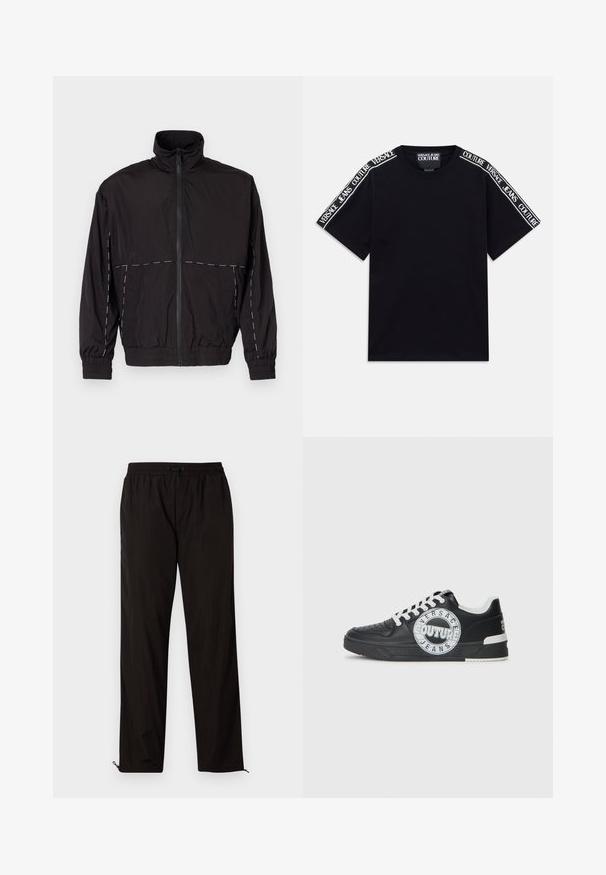 Melna viegla jaka ar augstu apkakli un rāvējslēdzēju. Iezīmējas ar baltām šuvēm uz pleciem un piedurknēm. Elastīgas piedurknes.; Melnas īsām piedurknēm T-krekls ar baltām "Versace Jeans Couture" teksta joslām, kas iet gar pleciem un augšējām piedurknēm.; Melni viegli bikses ar elastīgu jostu, aukliņu aizdari un rāvējslēdzēju apakšmalā regulējamai fitē. Gluda, eleganta tekstūra.; Melnas ādas sporta kurpes ar baltām akcentiem, apaļu logo detaļu, perforētu purngali un kontrastējošu zoli. Iekļautas baltas šņorītes un zīmols.