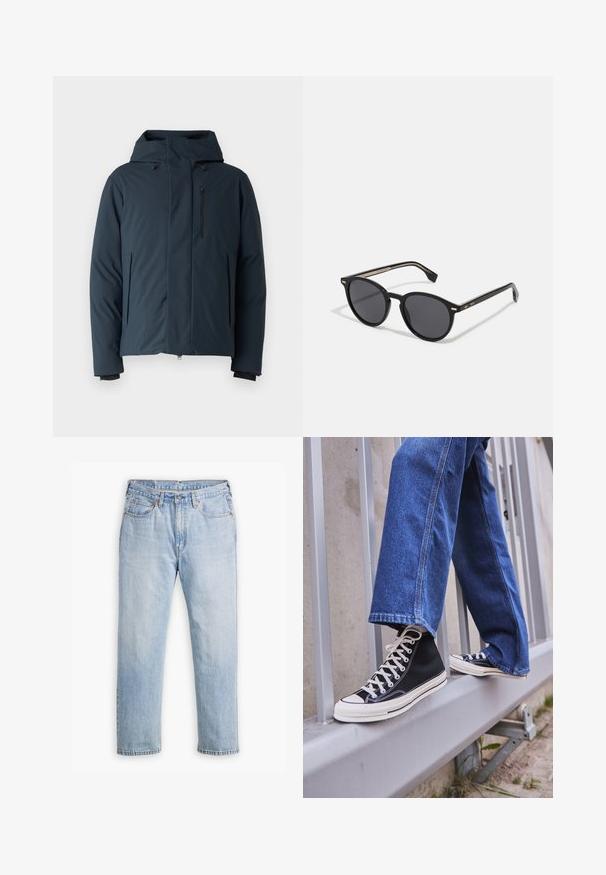 Tmavomodrá prešívaná bunda s kapucňou, zipsovými prednými vreckami a čiernym zipsom. Hladká textúra s minimálnymi dizajnovými prvkami.; Čierny rolák vyrobený z mäkkého pleteného materiálu. Má dlhé rukávy, rebrovaný golier a lem. Jednoduchý, elegantný dizajn bez vzorov.; Svetlomodré džíny s rovnými nohavicami, štýl s piatimi vreckami a kontrastným šitím. Zapínanie na gombík a zips v páse.; Čierne vysoké tenisky s bielou podrážkou a šnúrkami, kombinované so voľnými modrými riflami, položené na sivej zábradlí.; BOSS Slnečné okuliare - black