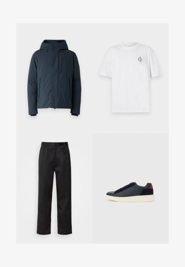 Ciemnoniebieska ocieplana kurtka z kapturem, z zamykanymi na suwak przednimi kieszeniami oraz czarnym zamkiem. Gładka tekstura z minimalnymi elementami designu.; Biała bawełniana koszulka o luźnym kroju, z małym czarnym graficznym logo na lewej piersi. Krótkie rękawy, klasyczny okrągły dekolt.; Czarne spodnie wykonane z gładkiego materiału, z zapięciem na guzik z przodu, plisami i prostymi nogawkami. Brak widocznych wzorów lub akcentów.; Niskie męskie sneakersy z czarnej skóry i zamszu, z bordową pętlą na pięcie i białą gumową podeszwą, widziane z zewnętrznej strony.