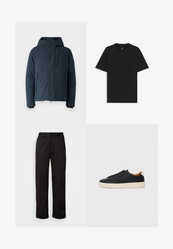 Dark blue padded jacket featuring a hood, zippered front pockets, and a black zip closure. Smooth texture with minimal design elements.; Black short-sleeve T-shirt made from a smooth cotton blend, featuring a crew neckline and a minimalistic design with no patterns or accents.; Black trousers made of smooth fabric, featuring a zip fly, button closure, and rolled cuffs for a casual design.; Black leather sneakers with a smooth texture, beige rubber sole, lace-up design, and a contrasting heel accent.