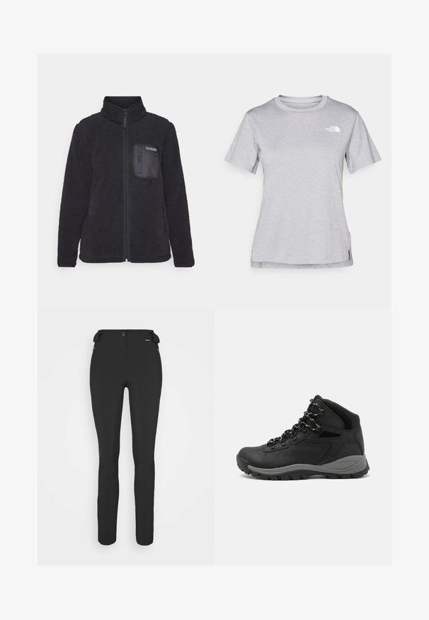 Mustapintainen fleece-takki, jossa on korkea kaulus, vetoketjukiinnitys ja teksturoitu pinta. Takissa on rinta-tasku, jossa on sileä kangaspaneeli.; Harmaa lyhythihainen t-paita, joka on valmistettu pehmeästä, kosteutta siirtävästä kankaasta. Siinä on pyöreä kaula-aukko ja pieni valkoinen logo vasemmassa yläkulmassa.; Mustat, slim fit -housut, jotka on valmistettu joustavasta materiaalista. Ominaisuuksiin kuuluu vetoketjullinen sivutasku, muotoillut polvet ja sileä pinta.; Musta vaelluskenkä, jossa on puolivartinen muotoilu, jolle on ominaista teksturoitu päällinen, harmaat yksityiskohdat ja kestävä kumipohja, jossa on pitoita lisääviä lukuja.