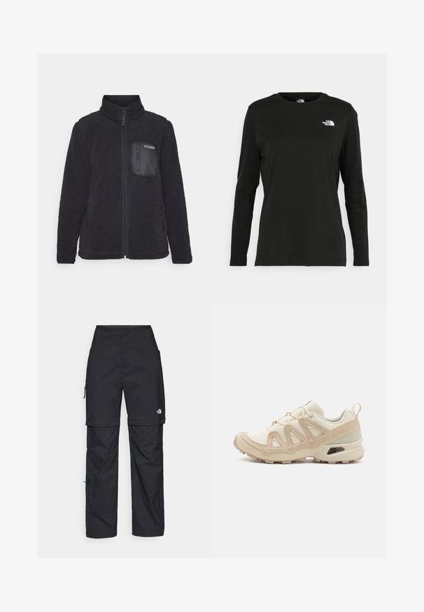 Giacca in pile nera con colletto alto, chiusura con zip e superficie testurizzata. Presenta una tasca sul petto con un pannello di tessuto liscio.; T-shirt nera a maniche lunghe in cotone con colletto rotondo. Presenta un piccolo logo bianco sul lato sinistro del petto. Design semplice e vestibilità comoda.; Pantaloni cargo in nylon nero con zip rimovibile, polsini regolabili, molteplici tasche e un logo sulla gamba destra. Tessuto liscio e leggero.; Scarpa atletica beige e crema con tomaia in mesh testurizzato, sovrapposizioni supportive e suola in gomma con un motivo a tasselli per la trazione.