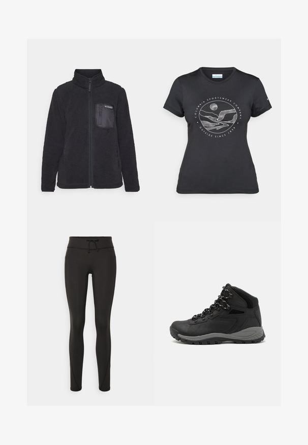 Fekete bolyhos dzseki magas gallérral, cipzáros záródással és textúrált felülettel. Tartalmaz egy mellzsebet sima anyagú panellel.; Fekete Columbia póló fehér, kör alakú hegy és folyó vonalrajzzal, valamint a "Columbia Sportswear Company Outside Since 1938" felirattal.; Fekete leggings magas derékkal, zsinórral, sima textúrával és testhezálló kialakítással. Oldalt varrási részletekkel rendelkezik.; Fekete túracipő közepes magasságú kialakítással, texturált felsőrésszel, szürke részletekkel és strapabíró gumitalppal, amelynek tapadós kiemelkedései vannak.