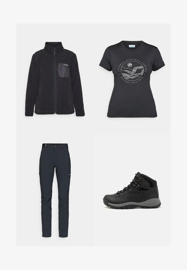 Mustmustijakk musta kõrge kaeluse, tõmblukuga ja tekstureeritud pinnaga. Omab rinna taskut, millel on sile kangapaneel.; Musternine Columbia T-särk mustas värvuses, millel on valge ümmargune mägi ja jõe joonistus ning tekst "Columbia Sportswear Company Outside Since 1938."; Meeste välkpüksid, tumehallid, valmistatud paindlikest materjalidest, vöökohaga, tõmblukuga taskud ja tugevdatud õmblused.; Mustarjaline matkasaabas, millel on keskmine disain, tekstuuriga ülemine osa, hallid aktsendid ja vastupidav kummist põhi, millel on haardelugesid.