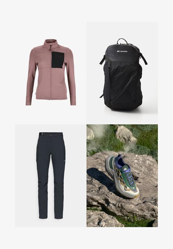 Fitted, long-sleeve jacket in light mauve with textured fabric and a black chest pocket. High collar with front zip closure.; Light purple long-sleeve pullover with zip neckline. Smooth texture, fitted design, and logo on the front. Stretchable fabric for comfort.; Men's outdoor pants, dark gray, made from flexible material, featuring a belt, zippered pockets, and reinforced stitching.; Sport shoe featuring a patterned mesh upper in green and beige, a thick gray midsole, and purple accents, set against a rocky surface.; Black backpack featuring a smooth nylon material, a logo on the front, adjustable straps, and mesh side pockets for additional storage.