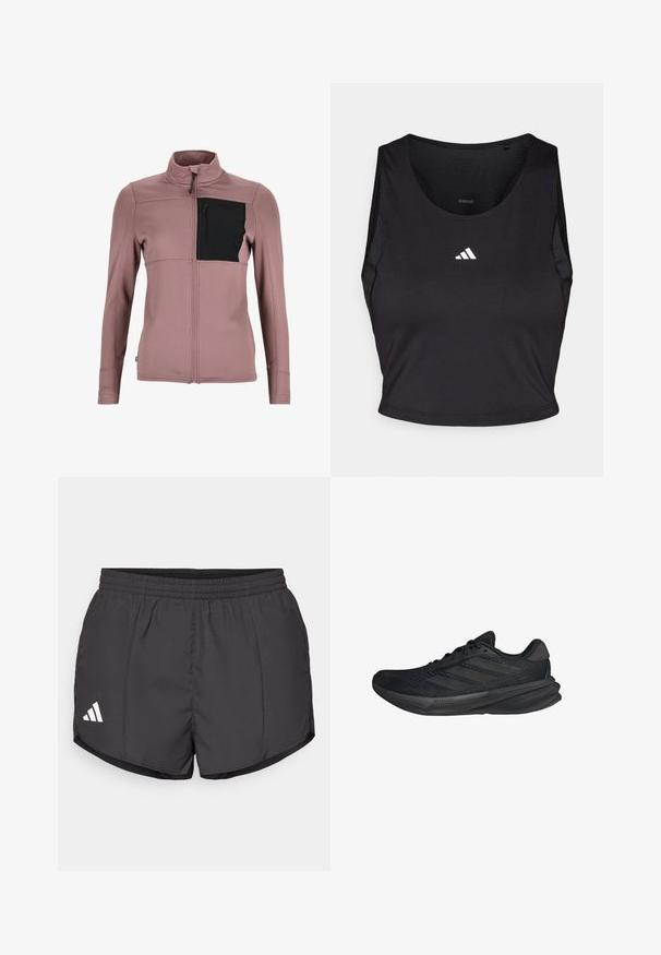 Fitted, long-sleeve jacket in light mauve with textured fabric and a black chest pocket. High collar with front zip closure.; Black sports crop top made from moisture-wicking fabric, featuring a round neck, sleeveless design, and white logo on the chest.; Black athletic shorts made of lightweight fabric, featuring an elastic waistband and a white Adidas logo on the lower left side.; Black athletic shoes with a mesh upper, streamlined shape, flat sole, and three diagonal stripes on the side. Lightweight design for comfort.