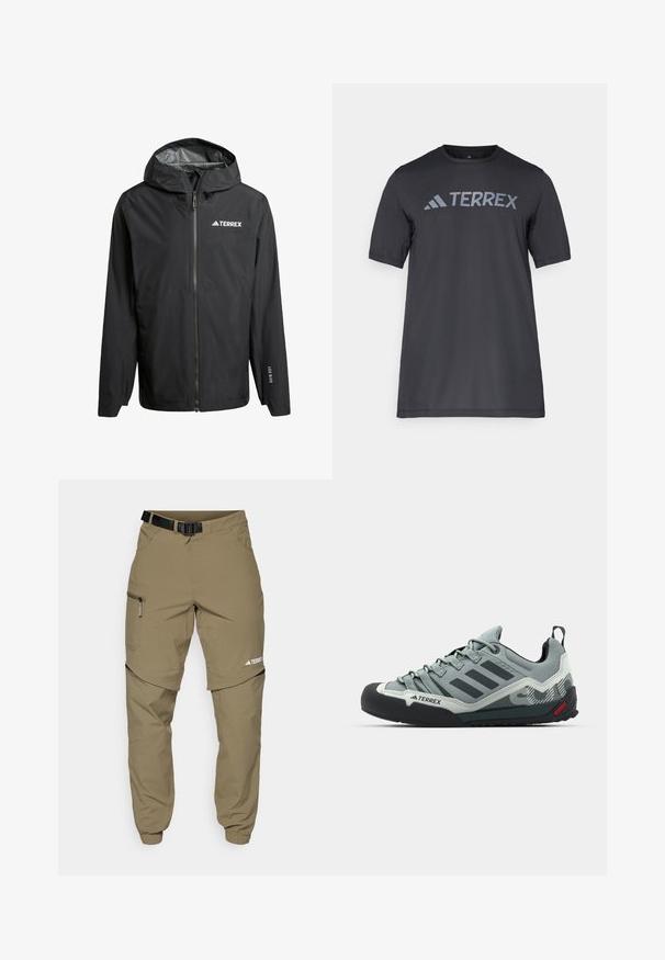Črna vodoodporna jakna s kapuco, sprednjim zadrgo in logotipom "TERREX" na levem prsnem delu. Ima ojačane šive in nastavljive manšete.; Črna majica s kratkimi rokavi iz lahkega materiala, ki ima odtisnjen svetlo sivi logotip "TERREX" čez prsi in okrogel izrez.; Khaki zunanji hlače z nastavljivim črnim pasom, žepi z zadrgo, ožji konci in snemljivi spodnji deli za vsestranski slog.; Sive plezalne copate z teksturiranim zgornjim delom, črnimi gumi prikritki na prstih, tremi temnimi črtami in majhnim rdečim poudarkom na podplatu.