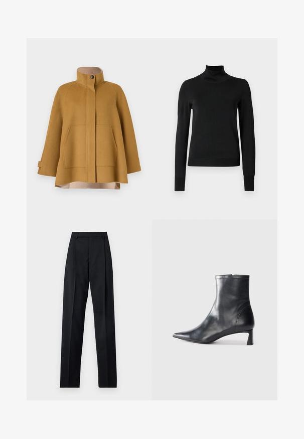 Kaput na vuneni tkanini u boji senfa s visokim ovratnikom, dvije prednje džepove i opuštenom, A-linijom siluete. Ima bež podstavu i zatvaranje na dugmad.; Crna dugosruga majica s rolijom i rebrastim manžetama i donjim rubom, prikazana na jednostavnoj bijeloj pozadini.; Crne hlače od glatkog materijala s visokim strukom, širokim nogavicama, prednjim pregibima i klasičnim petljama za remen. Nema vidljivih bočnih džepova.; Crne kožne gležnjače s uskim vrhom i elegantnim dizajnom. Imaju niski potpetak i zatvaranje na patentni zatvarač straga. Glatka tekstura.