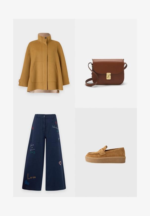 Mustár sárga gyapjú kabát magas gallérral, két elülső zsebbel és laza, A-vonallal. Bézs bélés és gombos záródás jellemzi.; Tengerészkék kötött pulóver, amelyen egy krémszínű madár grafika található. A dizájn vonalas mintákat és bordázott nyakat, valamint mandzsettákat tartalmaz.; Tengerészkék, bőszárú pamut nadrág több zsebbel. Színes hímzett szövegekkel és grafikákkal rendelkezik, beleértve a szívmintákat és játékos kifejezéseket.; Barna velúr lódon, kerek orral, bordázott platform talppal és díszes pánttal a felső részen.; Barna bőr kézitáska, hajtókás zárással, arany színű fém kiegészítőkkel, vállpánttal és sima felülettel. Kompakt téglalap alakú.