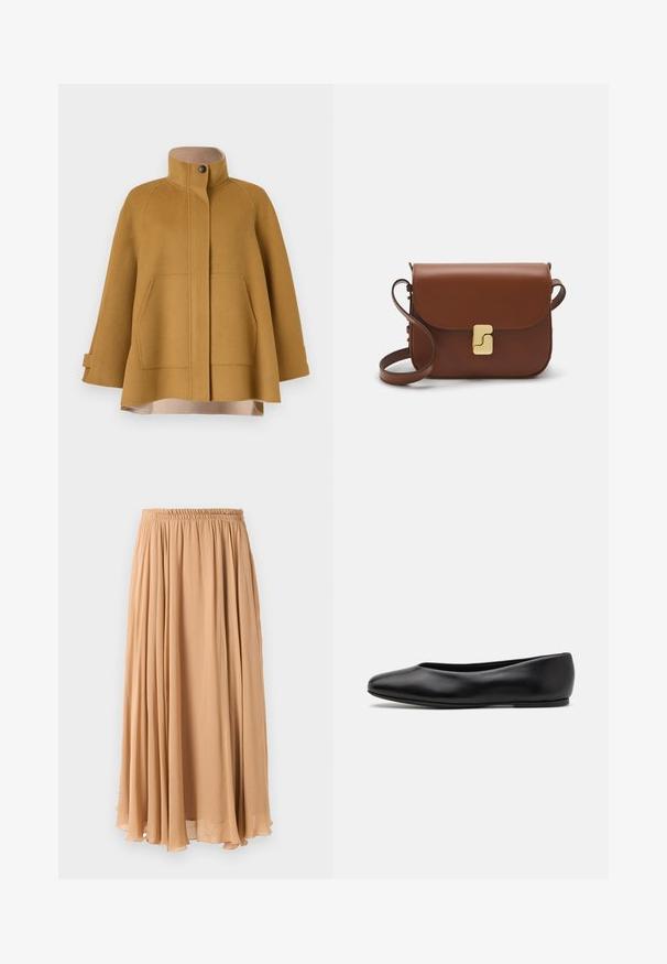 Hořčicově žlutý vlněný kabát s vysokým límcem, dvěma předními kapsami a volným A-silhouette. Obsahuje béžovou podšívku a zapínání na knoflík.; Světle béžový zkrácený svetr s doplňkovým zipem a imitací límce, zdobený texturovaným vzorem a pletenými manžetami a lemem. Kombinuje pletené a tkané materiály.; Maxi sukně ve světle béžové barvě, vyrobená z lehké tkaniny. Má nařasený elastický pas a jemné sklady pro pohodlný pohyb.; Paul Smith TOPANGA - Klasické baleríny - black; Hnědá kožená kabelka s klopou, zlatými kovovými detaily, ramenním popruhem a hladkým povrchem. Kompaktní obdélníkový tvar.