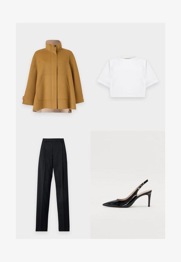 Keltainen villakangastakki, jossa on korkea kaulus, kaksi etutaskua ja reilu A-linjainen siluetti. Takissa on beige vuori ja napitus.; Lyhythihainen valkoinen t-paita pehmeää kangasta, jossa on pyöreä pääntie ja ribbireunat. Yksinkertainen ja ilman koristeita oleva malli.; Musta housut, jotka on valmistettu sileästä kankaasta ja joissa on korkea vyötärö, leveät lahkeet, etukaarteet ja klassiset vyölenkit. Ei näkyviä sivutaskuja.; Musta lakattu nahkainen slingback-korkokenkä, jossa on terävä kärki, kapea korko ja hillitty leikkaussuunnittelu. Varressa on kultainen solki.