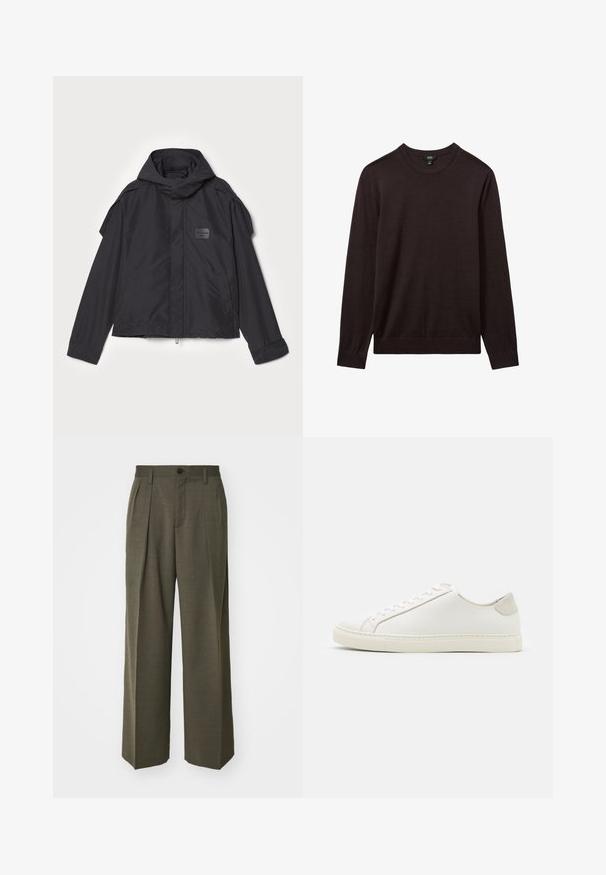 Czarna kurtka z kapturem, wykonana z gładkiego materiału. Posiada zamek z przodu, boczne kieszenie i akcenty na ramionach. Prosty design z metką.; Reiss - Sweter; Filippa K - Spodnie materiałowe; Białe skórzane sneakersy o gładkiej powierzchni, okrągłym nosku i minimalistycznym wzornictwie. Zawierają beżowe akcenty na pięcie oraz gumową podeszwę.