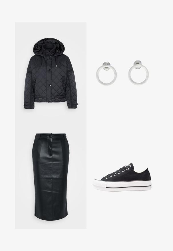 Juodas siuvinėtas švarkas su kapišonu, turintis priekinį snapelį, gumines juosteles, šoninius užtrauktukus kišenių ir tekstūruotas panele ant rankovių.; Even&Odd Petite 2 PACK - Viršus - light grey/black; Juoda odinė pieštuko sijonas su aukštu juosmeniu, nugaroje įpjova, lygaus paviršiaus ir vienu mygtuko užsegimu. Išsiskiria pritaikytu, aptemptu dizainu.; Juodas drobės sportbačių modelis su baltu gumuotu padu, apvalia nosimi, žemo profilio dizainu, metalinėmis akytėmis ir tekstūruotu priekiniu kraštu. Plona juoda juostelė palei padą.; Sidabriniai metaliniai auskarai žiedų pavidalu su šveitimo tekstūra, turintys apvalų dizainą ir skaidrų laikiklį saugiam dėvėjimui.