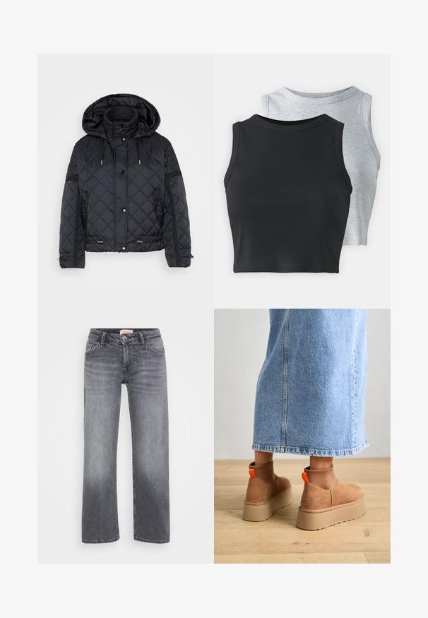 Black quilted jacket with a hood, featuring a front snap closure, drawstrings, side zip pockets, and textured panels on the sleeves.; Even&Odd Petite 2 PACK - Top - light grey/black; Gray denim jeans with a straight leg design, five-pocket style, subtle fading, and a button closure at the waist.; Brown suede platform boots with elastic side panels and orange pull tabs, paired with a knee-length light denim skirt on a wooden floor.