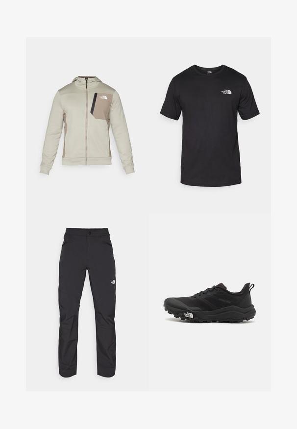 The North Face Fliisjakk - clay grey/cavern grey; Must have lühikeste varrukatega must T-särk, mis on valmistatud puuvillast, ümmarguse kaelusega ja väikese valge logoga vasakus ülanurgas.; Mustad mustad püksid, millel on lukuga eesmine tasku, sünteetilisest materjalist, kitsenevad jalad ja tugevdatud põlvepaneelid. Omab nööbiga sulgemist.; Must tume jooksujalats musta värvi, tekstuurse ülemise osaga, kummist tallaga ja tugevdatud varbaga. Omab pehmendusega krae ja tõmblinti mugavaks selga panemiseks.