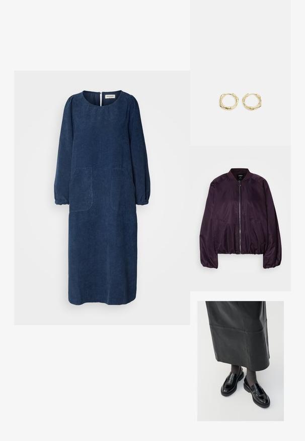 Veste bomber violet avec une texture lisse et brillante. Comprend une fermeture éclair à l'avant, un col côtelé et des poches latérales. Coupe décontractée, poignets froncés.; Robe en velours côtelé bleu marine avec de longues manches bouffantes, un col rond, deux poches avant et une ouverture en goutte d'eau au dos. Tissu doux et texturé.; Mocassins en cuir noir avec une finition lisse, ornés d'une bande décorative, à bout rond et avec une semelle texturée. Portés avec une longue jupe en cuir noir.; Sac hobo en cuir noir avec une seule poignée ronde et douce ; présente une texture lisse et un design minimaliste. Pas de matériel ou d'accents visibles.; Boucles d'oreilles en or en forme de cerceau avec une texture et une forme irrégulière. Présentent une fermeture sans couture et une finition polie, soulignant un design moderne.