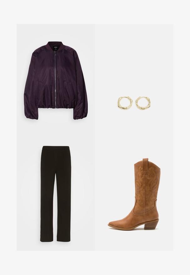 Paarse bomberjack met een gladde, glanzende textuur. Voorzien van een rits aan de voorkant, geribbelde kraag en zijzakken. Losse pasvorm, gathered manchetten.; Bruine gebreide trui met een geribbelde textuur, ronde halslijn en lange mouwen. Kenmerkt zich door contrasterende ribbeldetails langs de schouders.; Zwarte, rechte broek van geweven stof, met een platte voorkant, twee zijzakken en een gladde textuur. Geen zichtbare patronen of accenten.; Tan leren cowboylaars met puntige neus, geborduurde spiraalpatronen op de schacht en een gestapelde blokhak. Voorzien van een trekband voor gemakkelijke aan- en uittrekken.; Gouden creolen met een textuur en onregelmatige vorm. Voorzien van een naadloze sluiting en een gepolijste afwerking, wat het moderne ontwerp benadrukt.